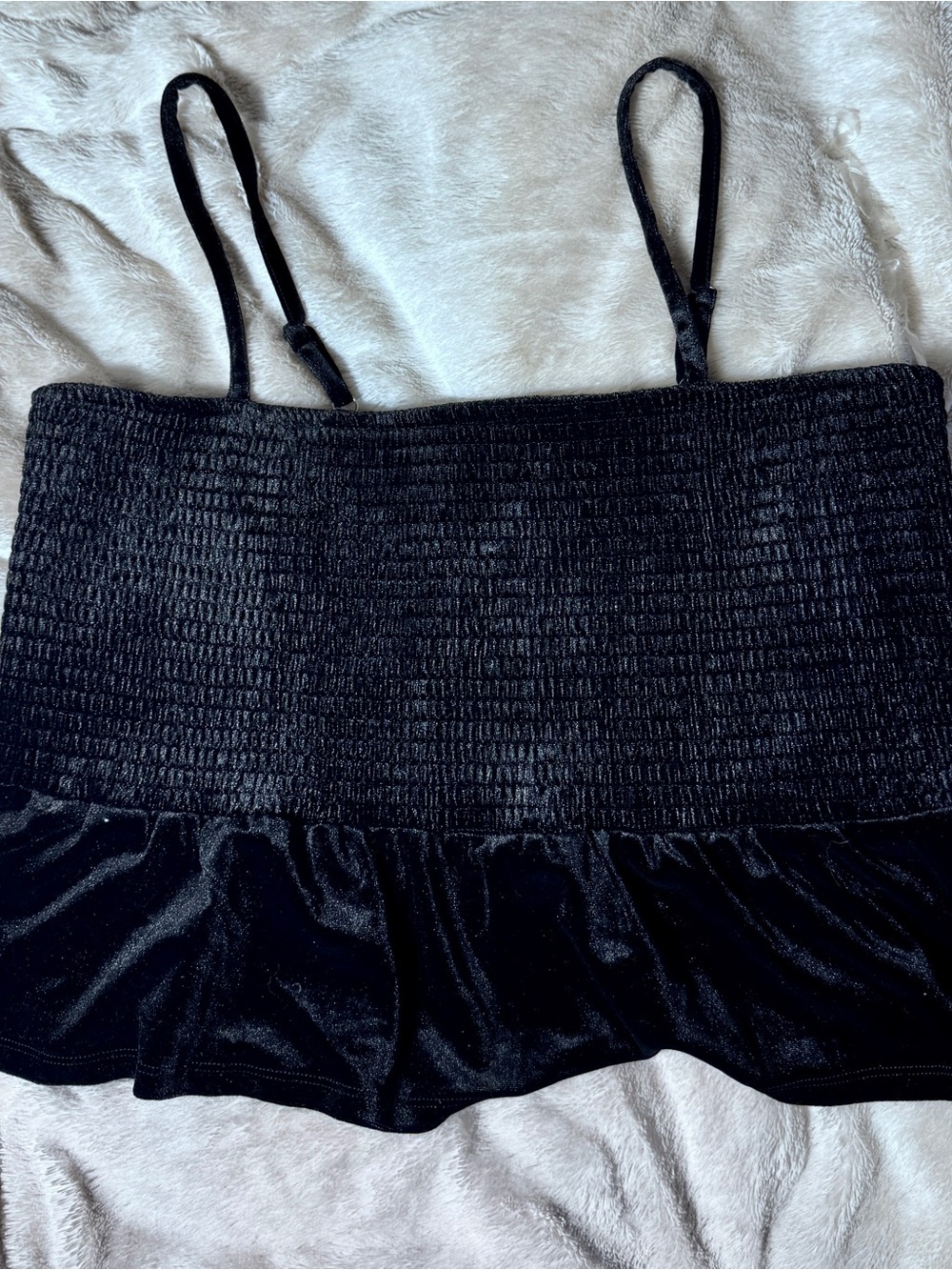 Black Velvet Smocked Ruffle Cropped Baby Doll Cami Top